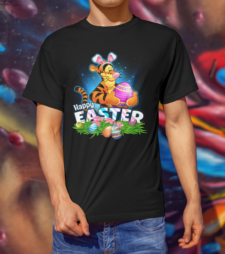 Happy Easter Tigger With Colorful Eggs And Bunny Ears T-Shirt