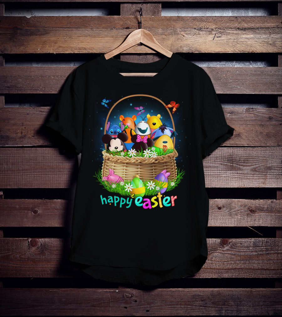 Happy Easter Basket With Colorful Eggs And Characters T-Shirt