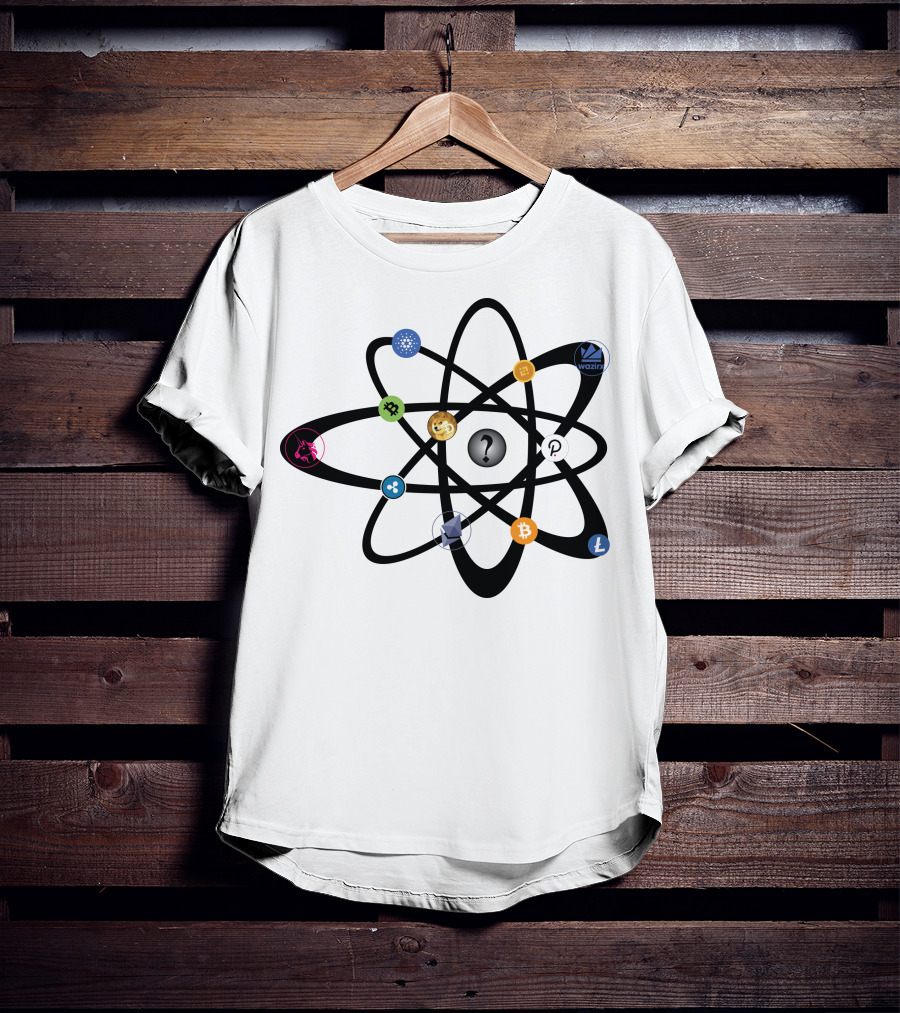 Uniswap Cardano Binance Coin WazirX Polkadot XRP Dogecoin Ethereum Bitcoin Litecoin Cryptocurrency Icons Atom Structure T-Shirt