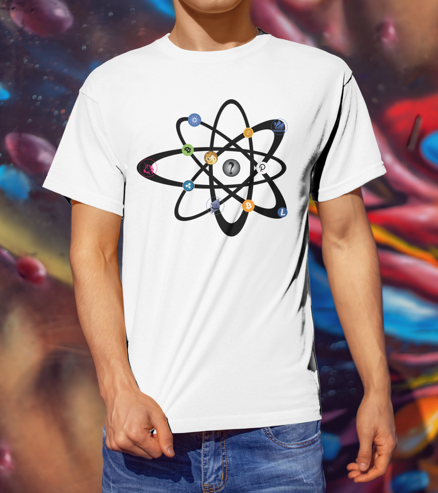 Uniswap Cardano Binance Coin WazirX Polkadot XRP Dogecoin Ethereum Bitcoin Litecoin Cryptocurrency Icons Atom Structure T-Shirt