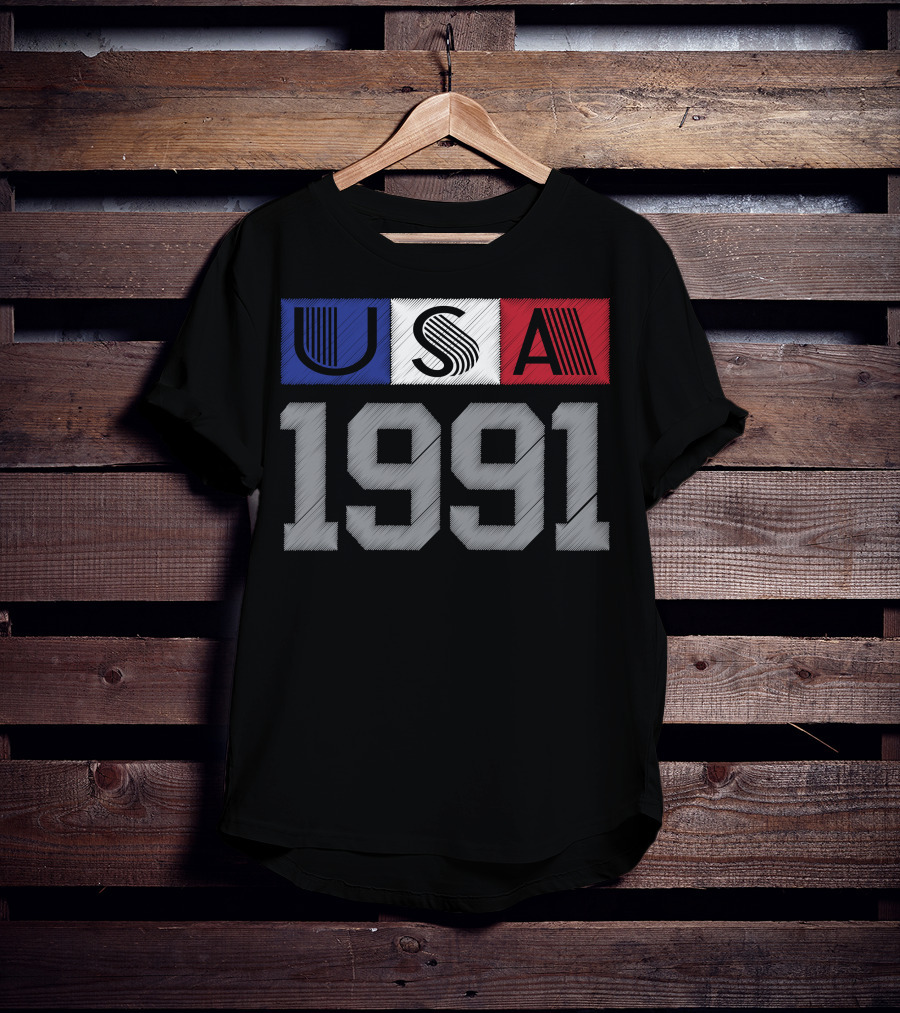 USA 1991 Vintage Graphic Blue White Red Stripes T-Shirt