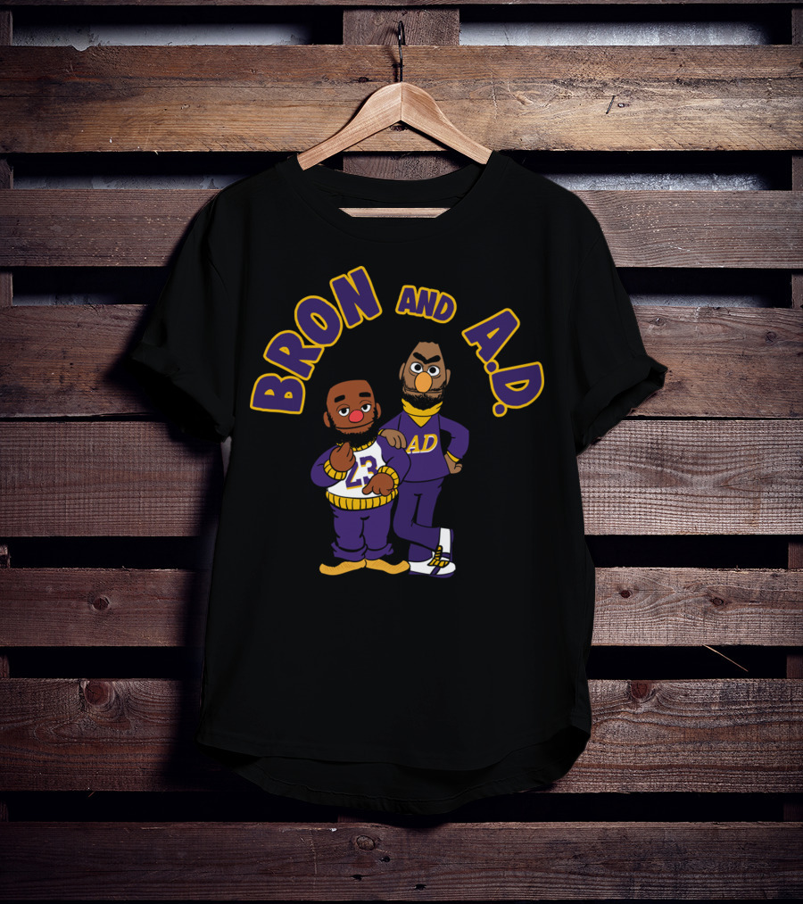 Bron And A.D. Cartoon Characters In Purple And Gold Outfits T-Shirt