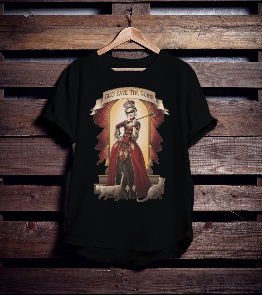 God Save The Quinn Victorian Jester Queen With Cats And Masked Scepter T-Shirt
