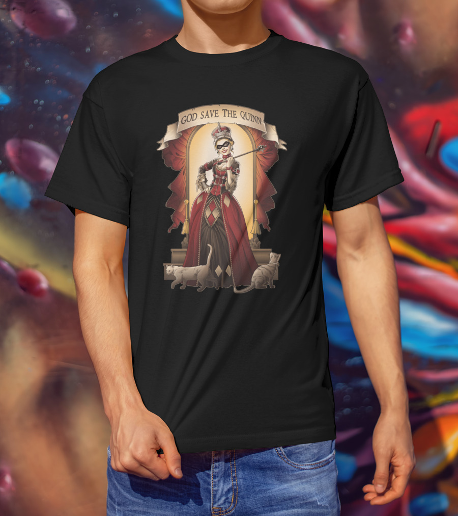 God Save The Quinn Victorian Jester Queen With Cats And Masked Scepter T-Shirt