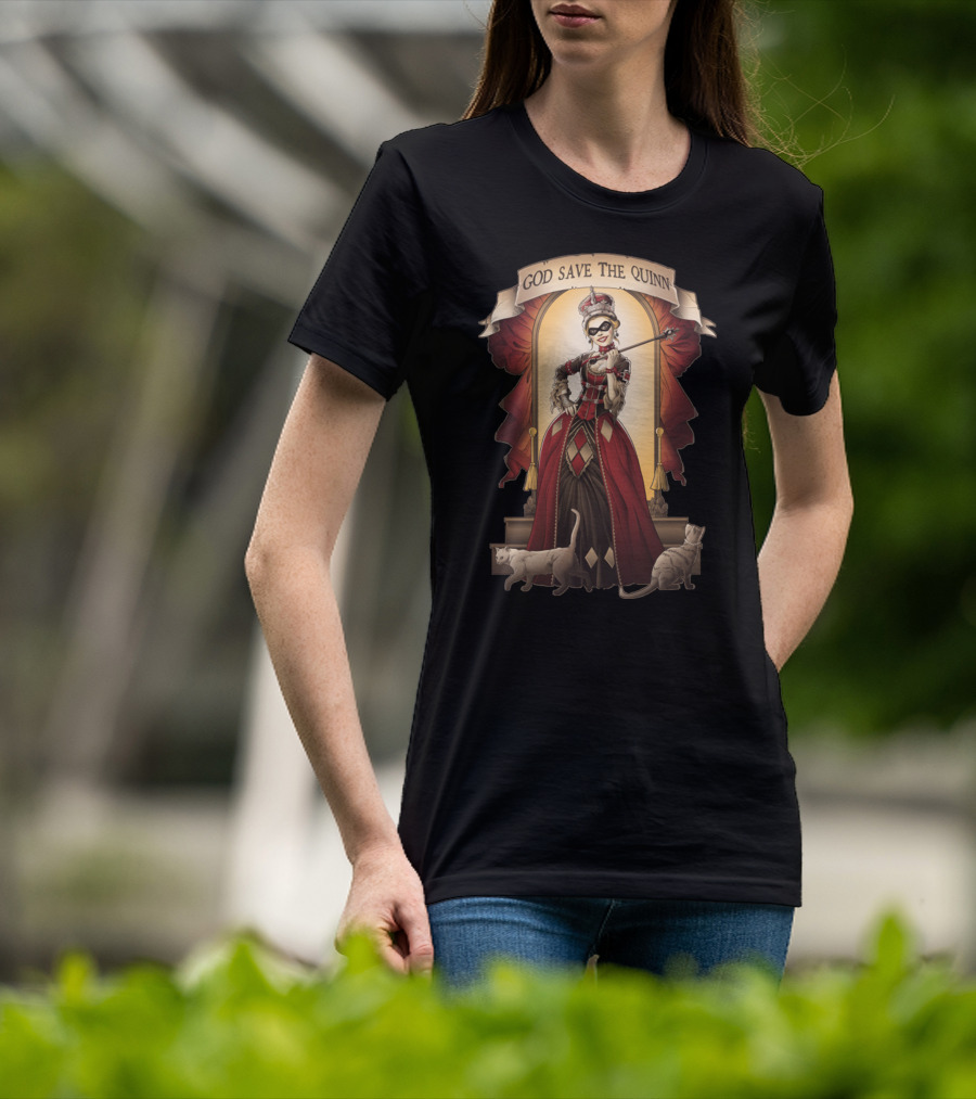 God Save The Quinn Victorian Jester Queen With Cats And Masked Scepter T-Shirt