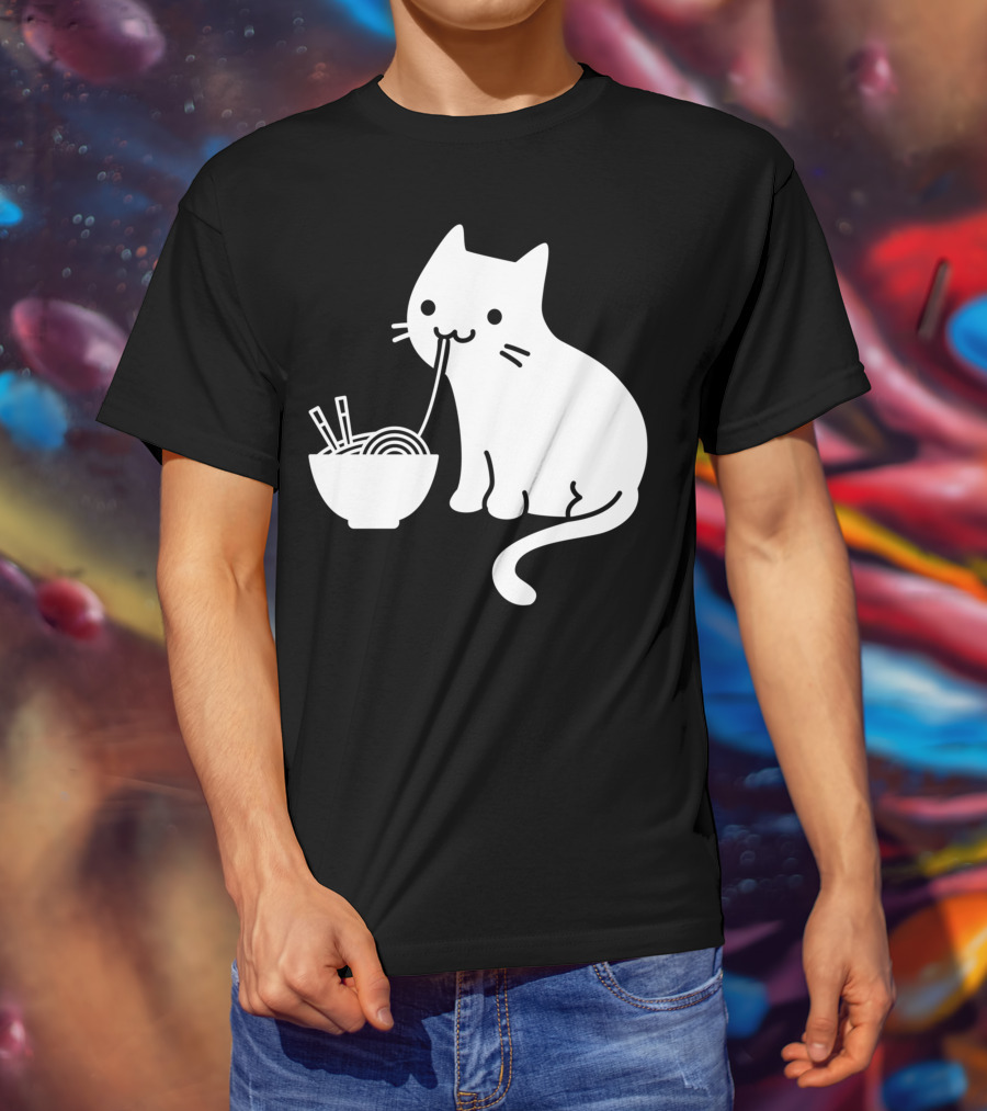 Chat Mignon Manger Ramen Essentiel Blanc Noir T-Shirt