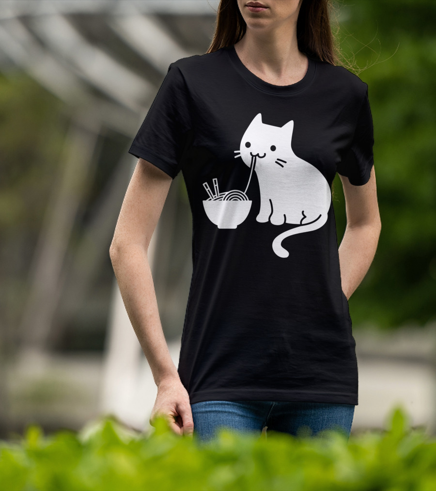 Chat Mignon Manger Ramen Essentiel Blanc Noir T-Shirt