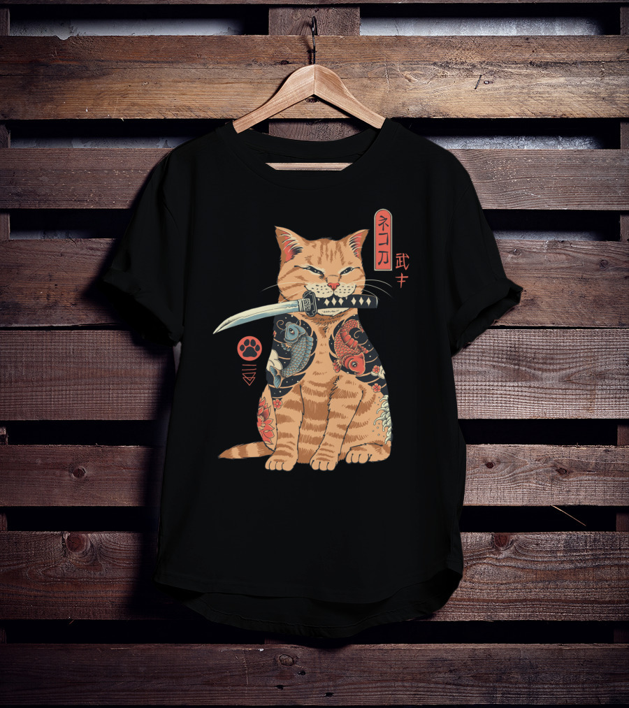 Catana Classique Samurai Cat Kanji Tattoo Koi Fish Katana T-Shirt