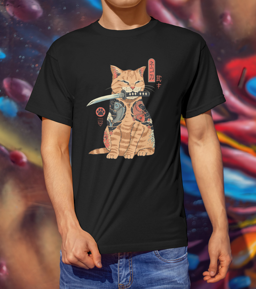 Catana Classique Samurai Cat Kanji Tattoo Koi Fish Katana T-Shirt