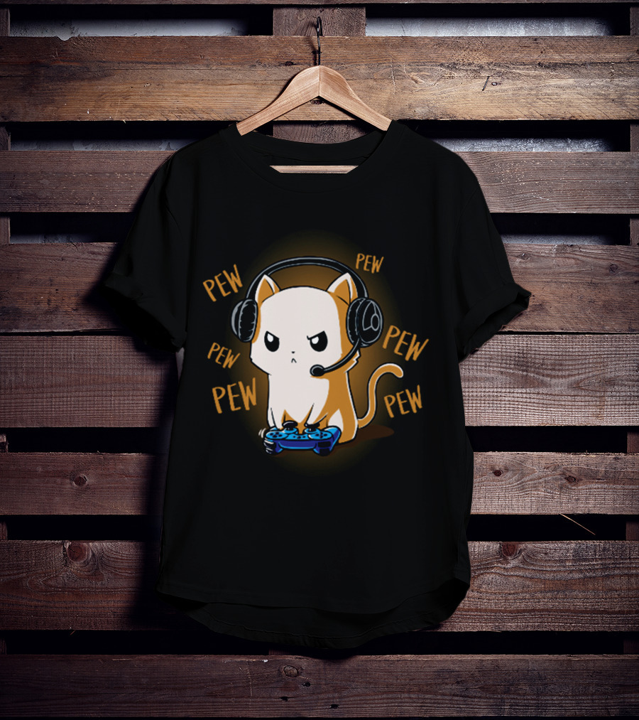 Pew Pew Kitty Cat Gamer Kliban Cats Headset Controller T-Shirt