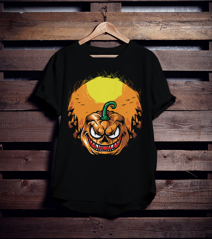 Spooky Grinning Pumpkin With Haunted Houses And Bats Under Full Moon Halloween T-Shirt
