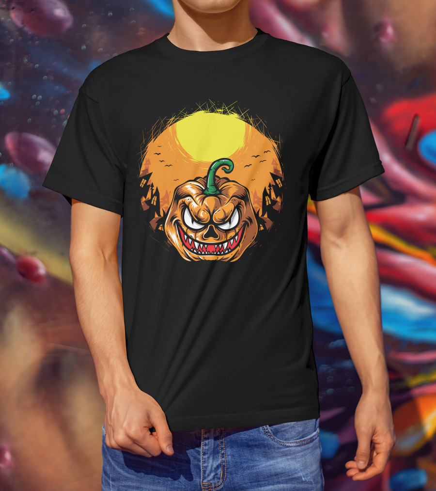Spooky Grinning Pumpkin With Haunted Houses And Bats Under Full Moon Halloween T-Shirt