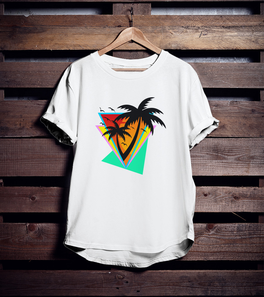 The Sea And You Tropical Palm Sunset With Geometric Triangles And Birds T-Shirt