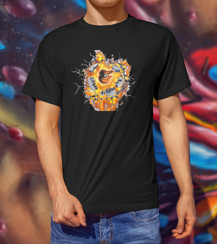 Baltimore Orioles Logo With Fiery Cracked Wall T-Shirt