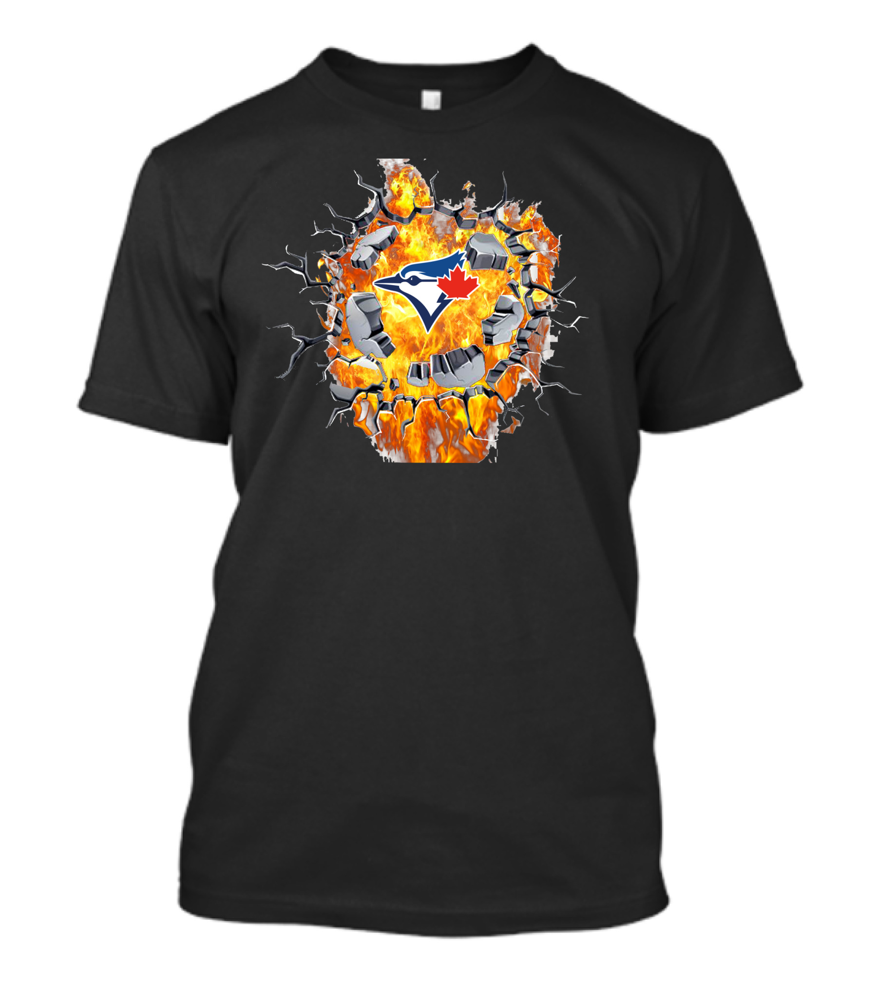 Toronto Blue Jays Logo Shattering Through Flames And Cracking Wall T-Shirt