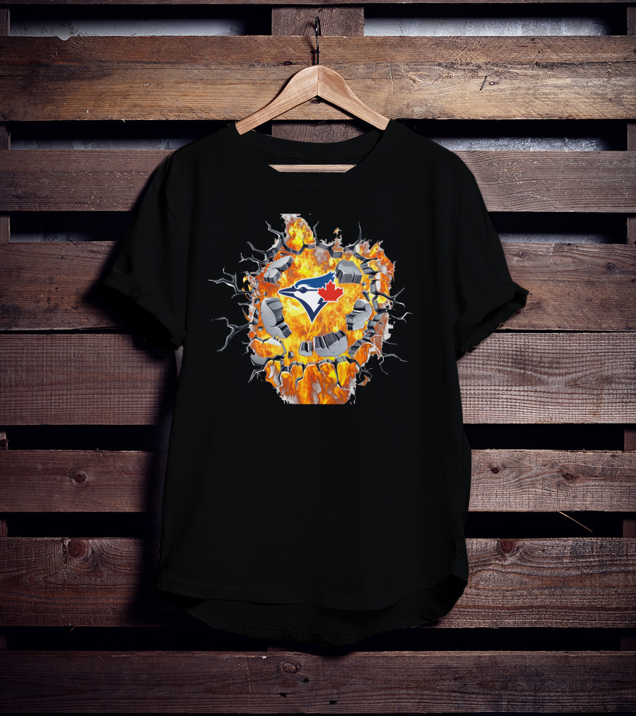 Toronto Blue Jays Logo Shattering Through Flames And Cracking Wall T-Shirt