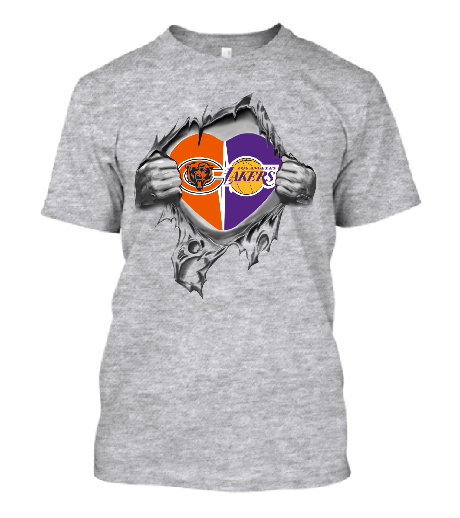 Bears And Los Angeles Lakers Logos Combined In Heart Shape Torn T-Shirt