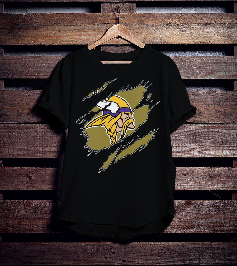 Minnesota Vikings Helmet And Warrior Tear Effect T-Shirt