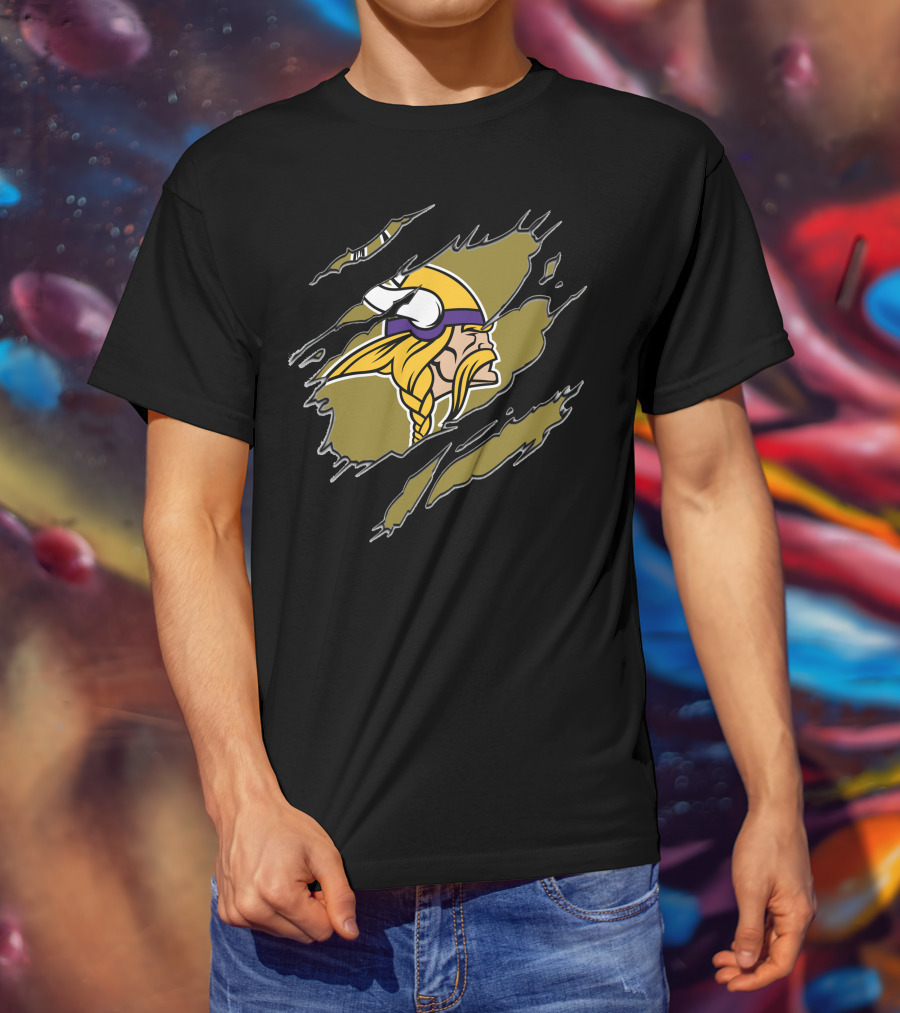 Minnesota Vikings Helmet And Warrior Tear Effect T-Shirt