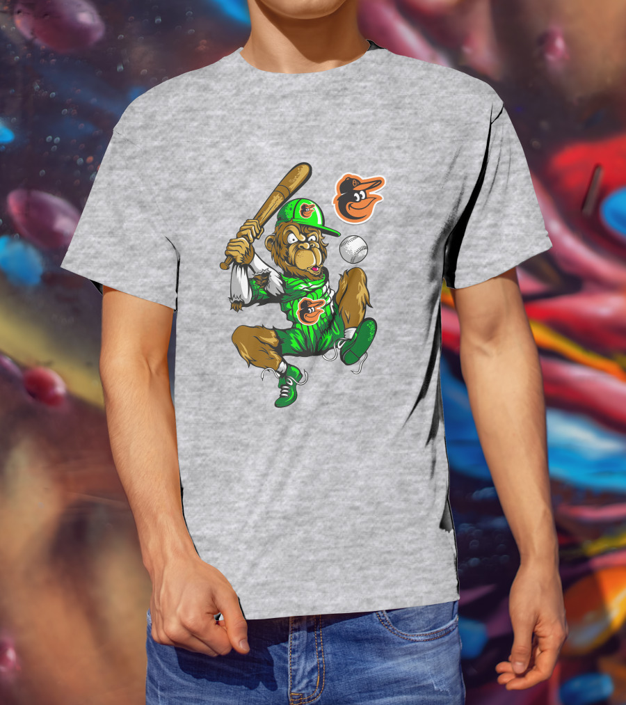 Baltimore Orioles Home Run Monkey With Baseball Bat And Cap Featuring Team T-Shirt