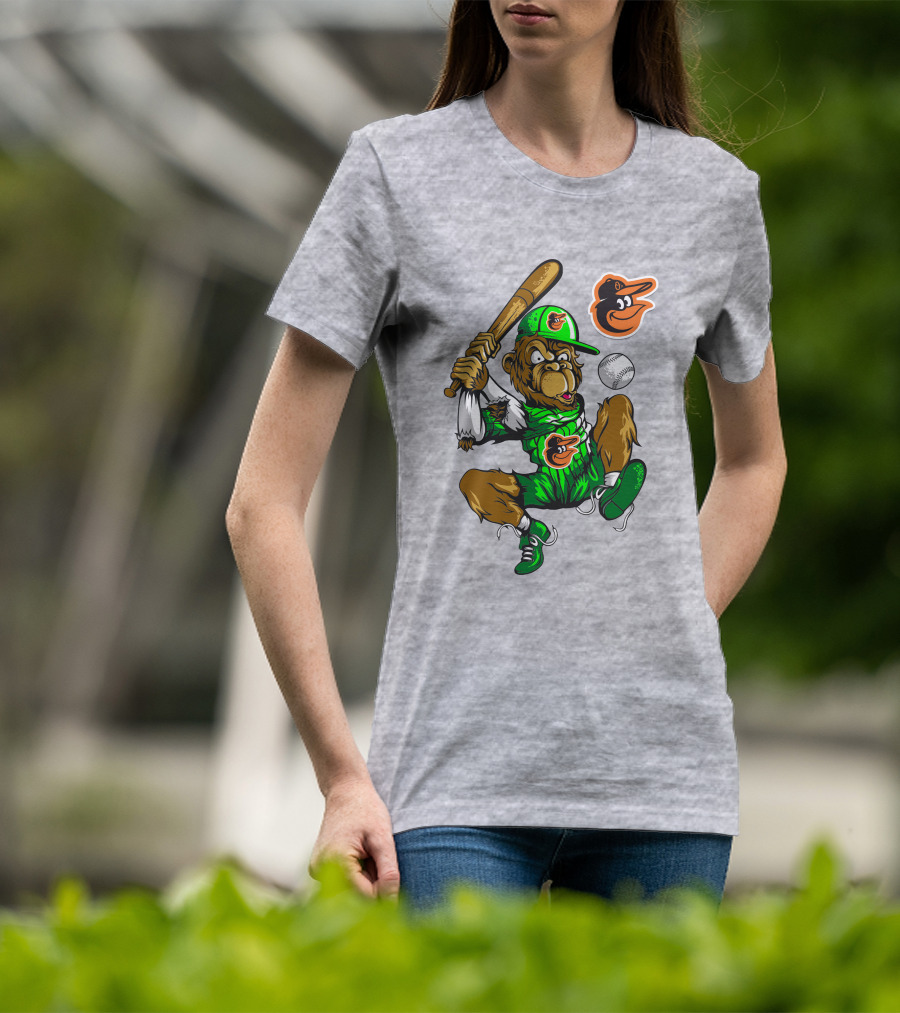 Baltimore Orioles Home Run Monkey With Baseball Bat And Cap Featuring Team T-Shirt