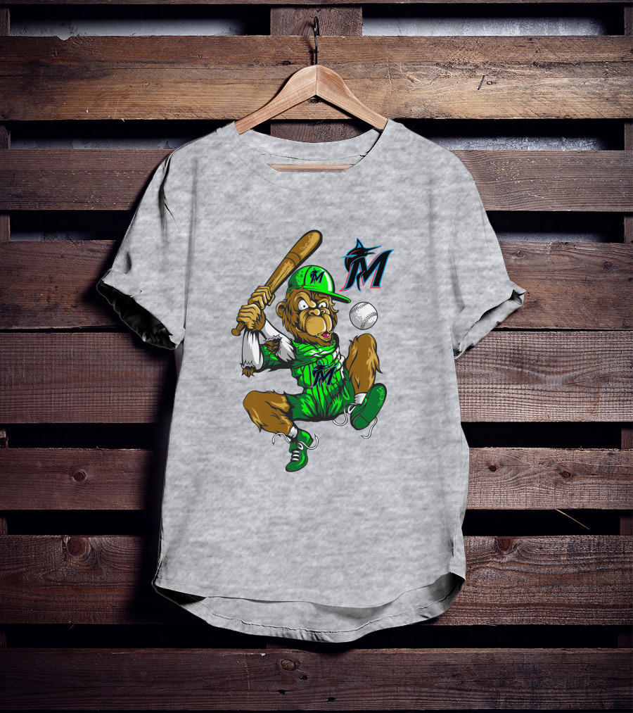 Miami Marlins Monkey Mascot Swinging At Baseball T-Shirt