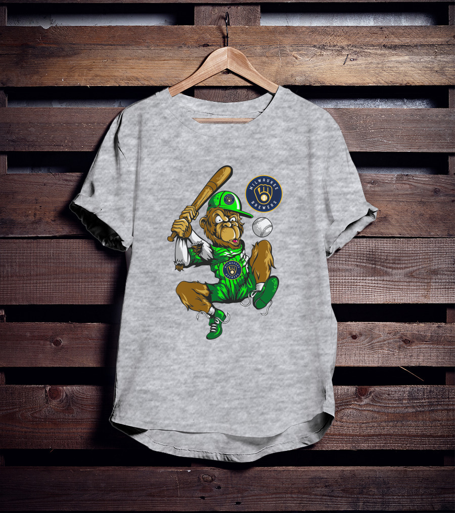 Milwaukee Brewers Baseball Mascot Swinging Bat In Green Uniform T-Shirt