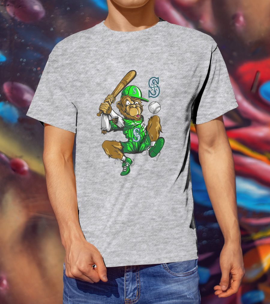 Seattle Mariners Baseball Gorilla Swing With Logo And Batting Pose T-Shirt