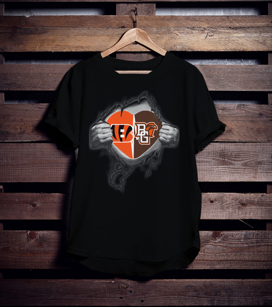 Bengals Bowling Green Falcons Heart Split Logos United T-Shirt