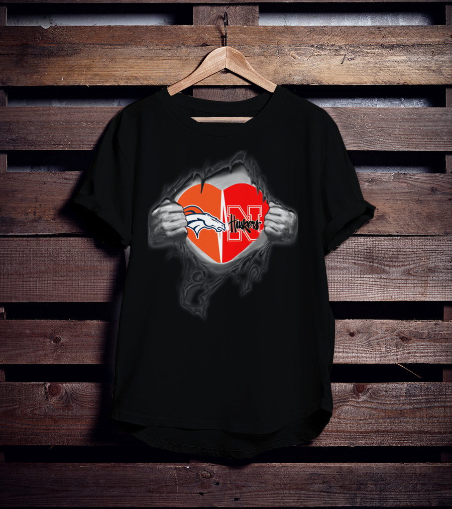 Broncos Huskers Logo Heart Rip T-Shirt