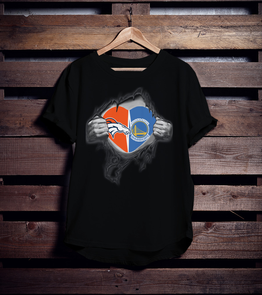 Broncos Warriors Heart With Denver Broncos And Golden State Warriors T-Shirt