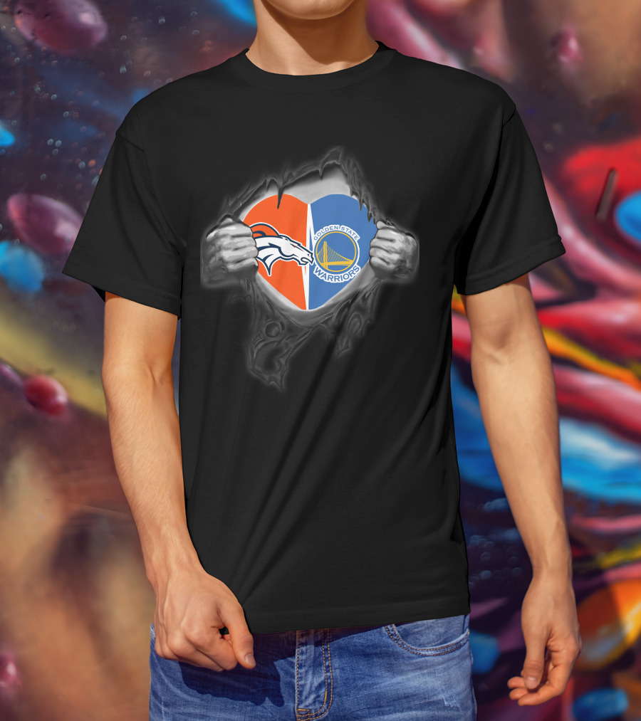 Broncos Warriors Heart With Denver Broncos And Golden State Warriors T-Shirt