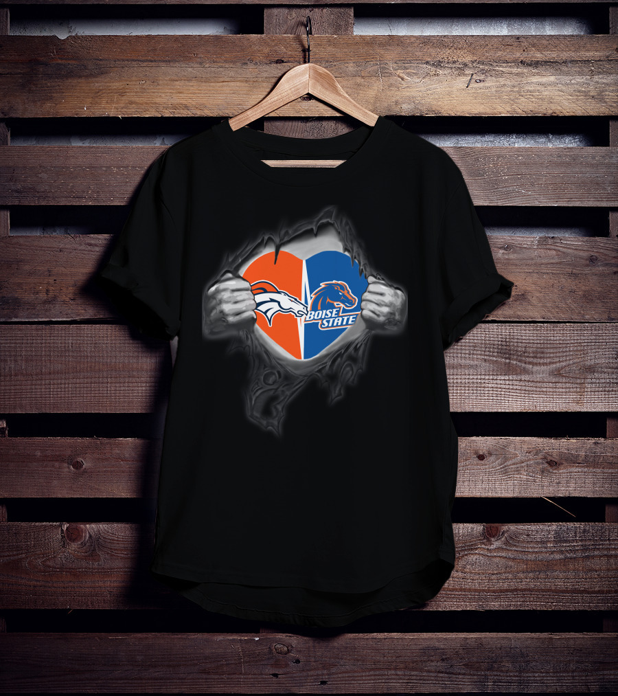 Denver Broncos Boise State Heart Split Logos Torn Chest T-Shirt
