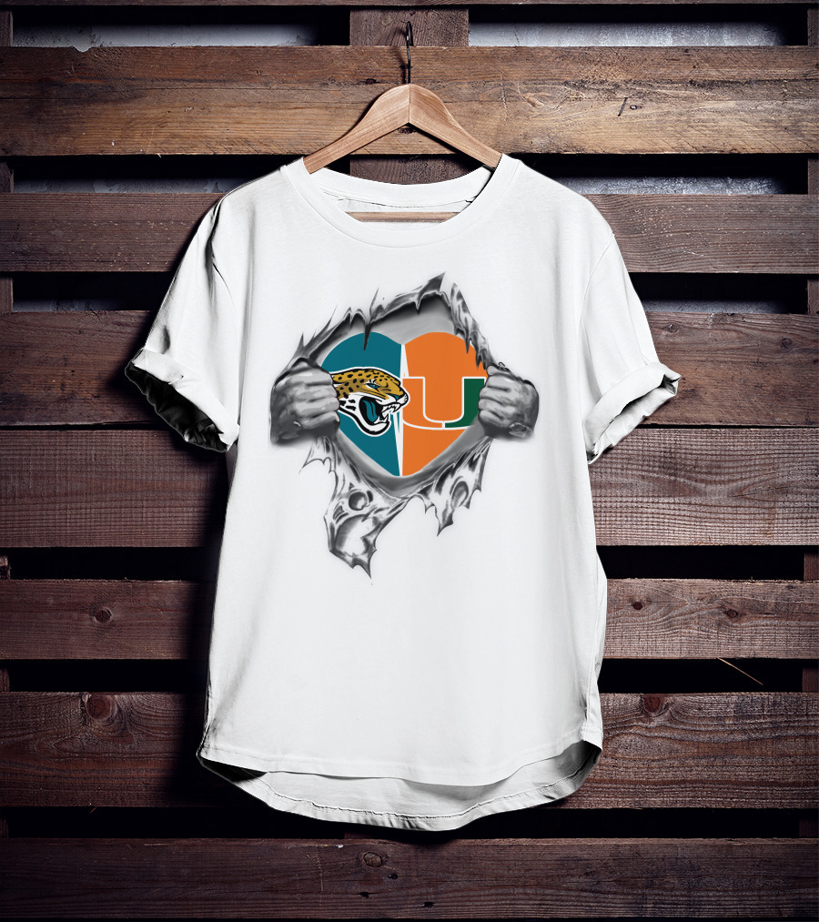 Jaguars Miami Hurricanes Heart Symbol Ripping T-Shirt