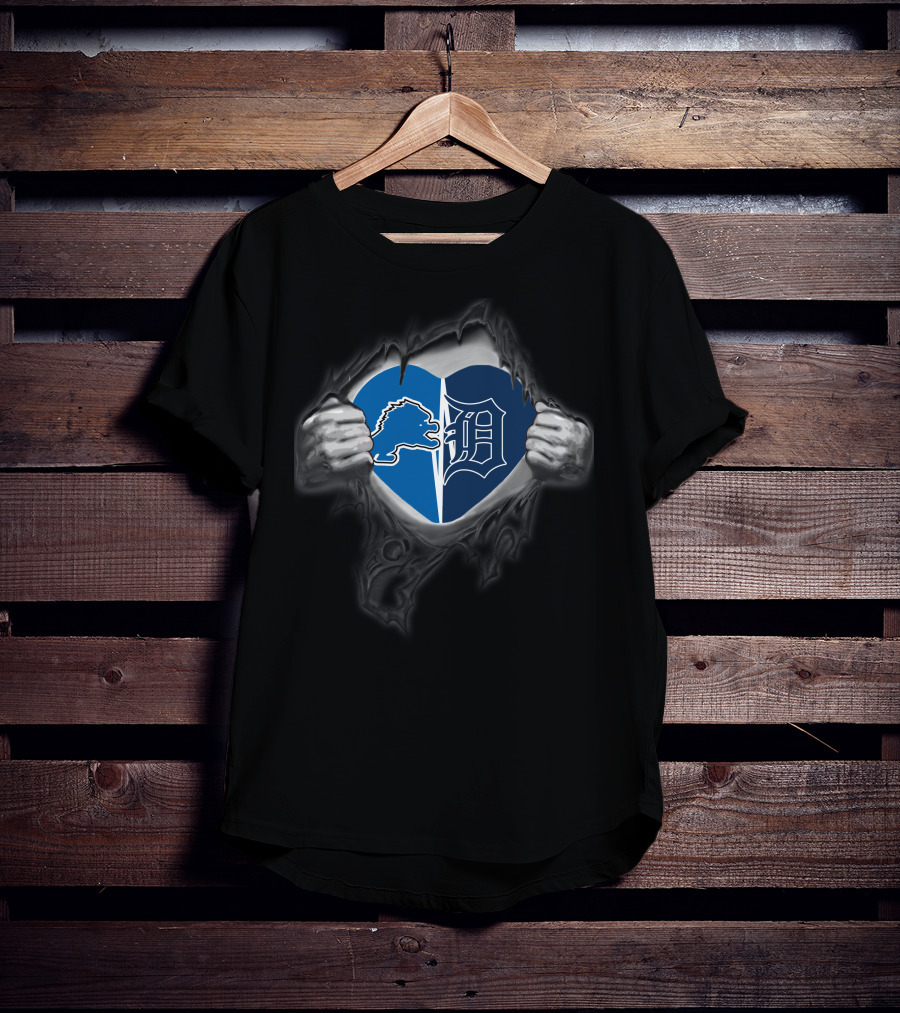Lions Tigers Heart Logo Design Showcasing Detroit Teams Passion T-Shirt