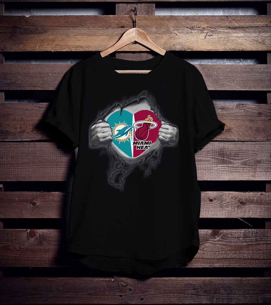 Miami Dolphins Miami Heat Heart Logo Fusion T-Shirt