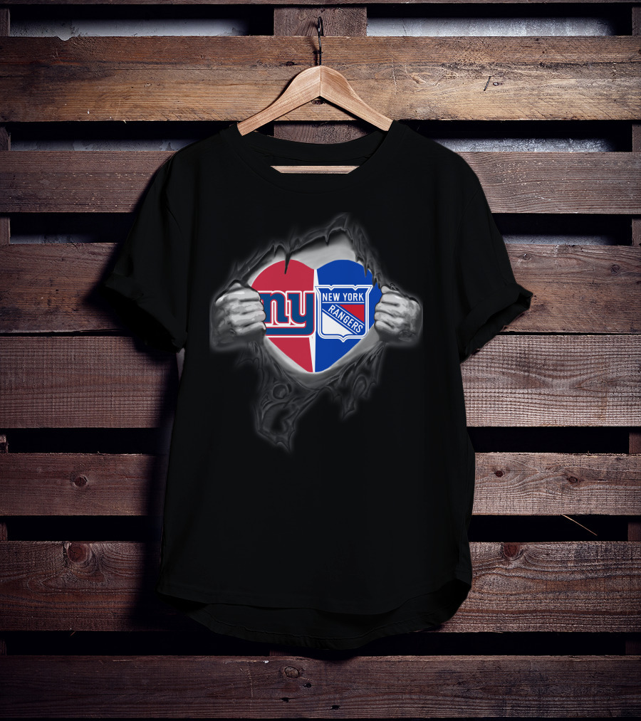 New York Giants Ny And New York Rangers Heart Torn Fabric T-Shirt