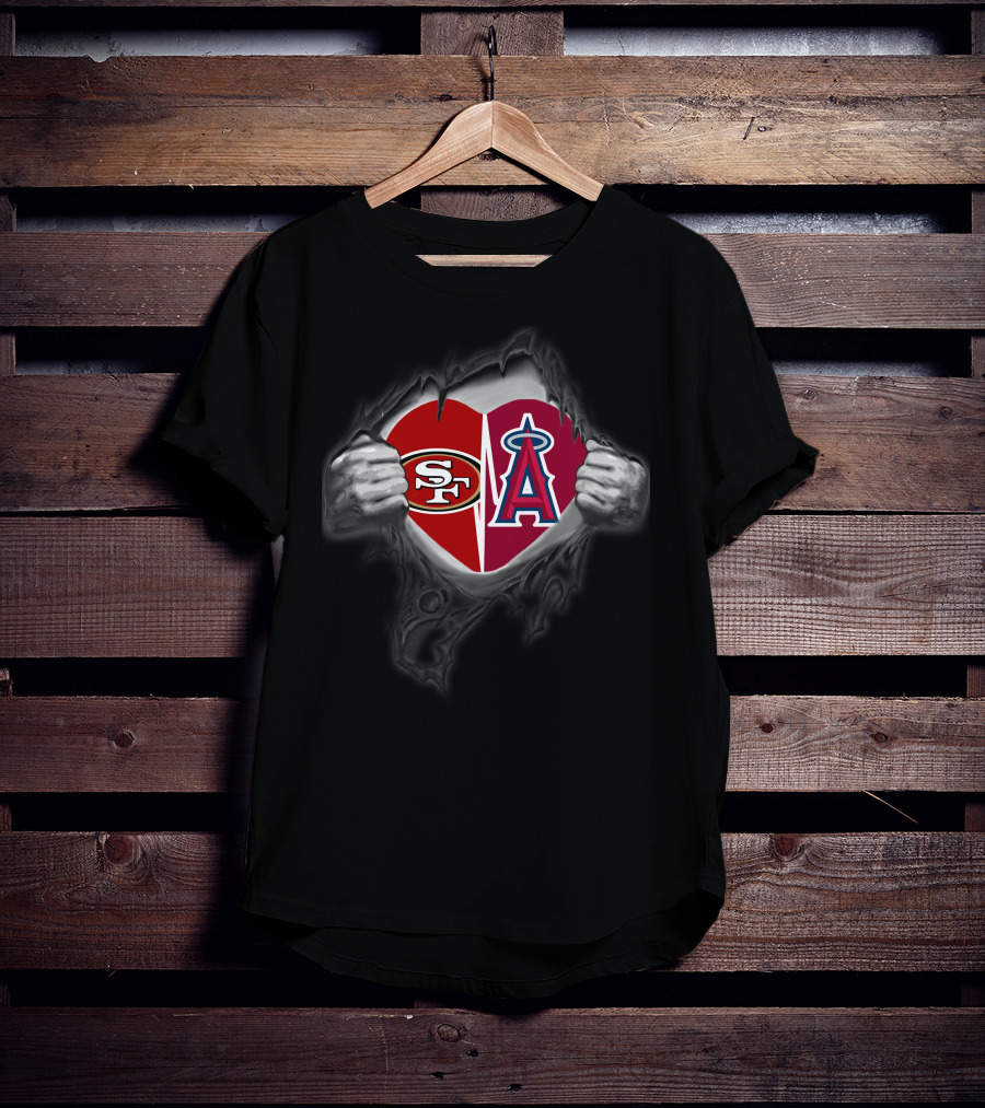 Sf 49ers Los Angeles Angels Heart Symbol With Logos T-Shirt
