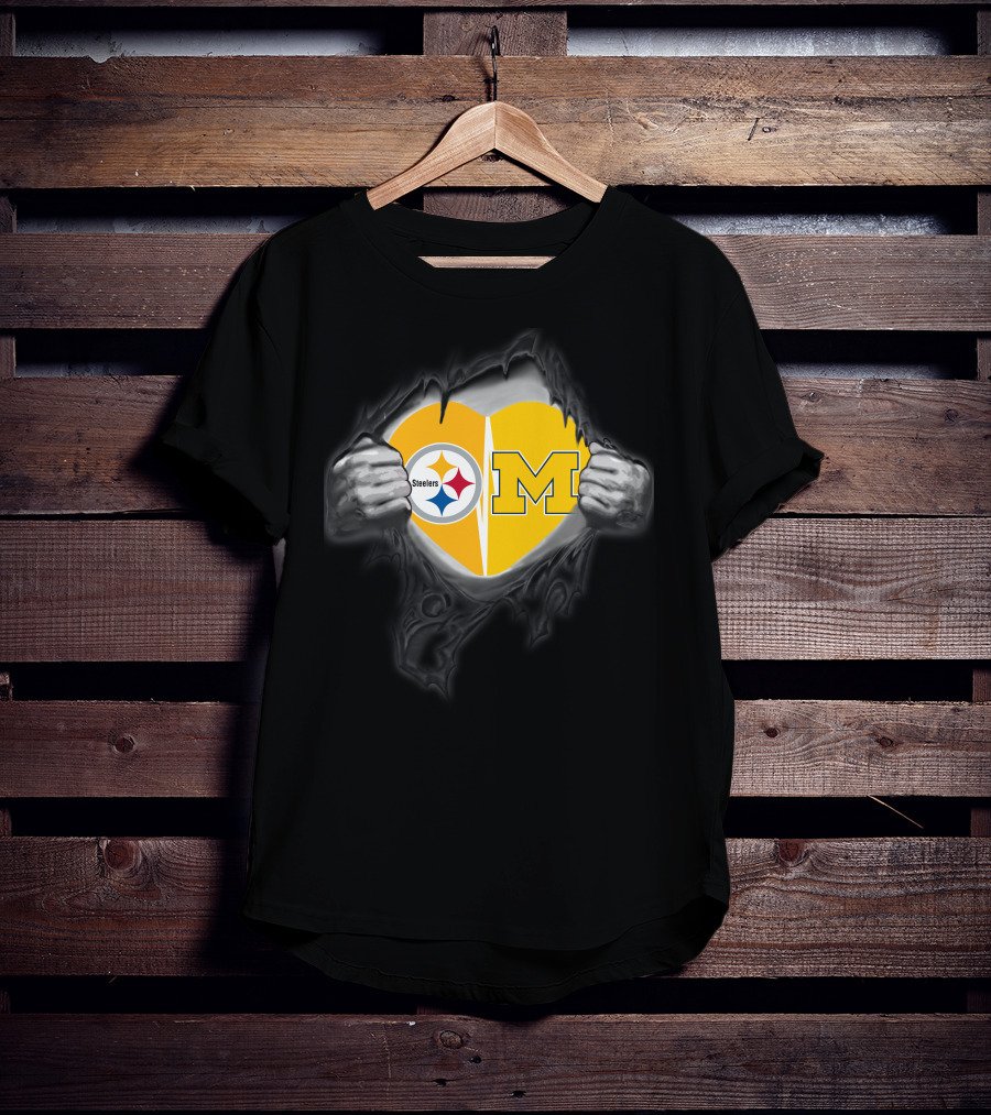 Steelers And Michigan Heart Symbol Inside Ripped Skin T-Shirt