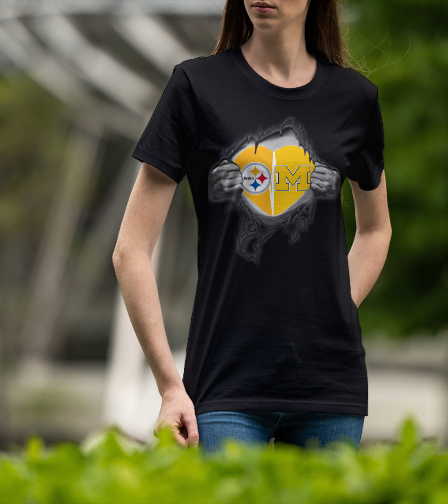 Steelers And Michigan Heart Symbol Inside Ripped Skin T-Shirt