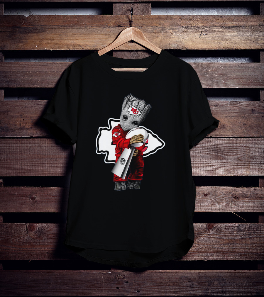 Kansas City Chiefs Baby Groot Holding Nfl Trophy T-Shirt