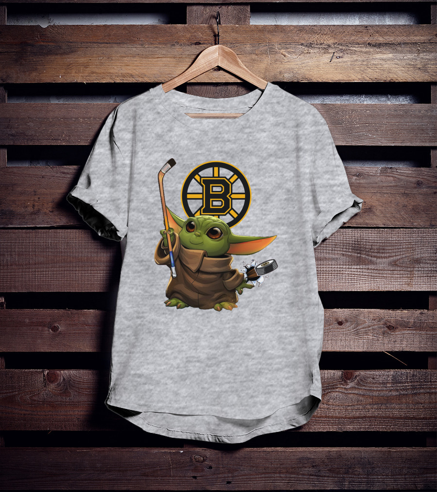 Boston Bruins Baby Yoda Hockey Stick Puck Character T-Shirt