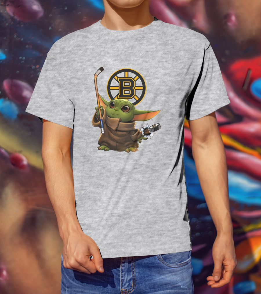Boston Bruins Baby Yoda Hockey Stick Puck Character T-Shirt