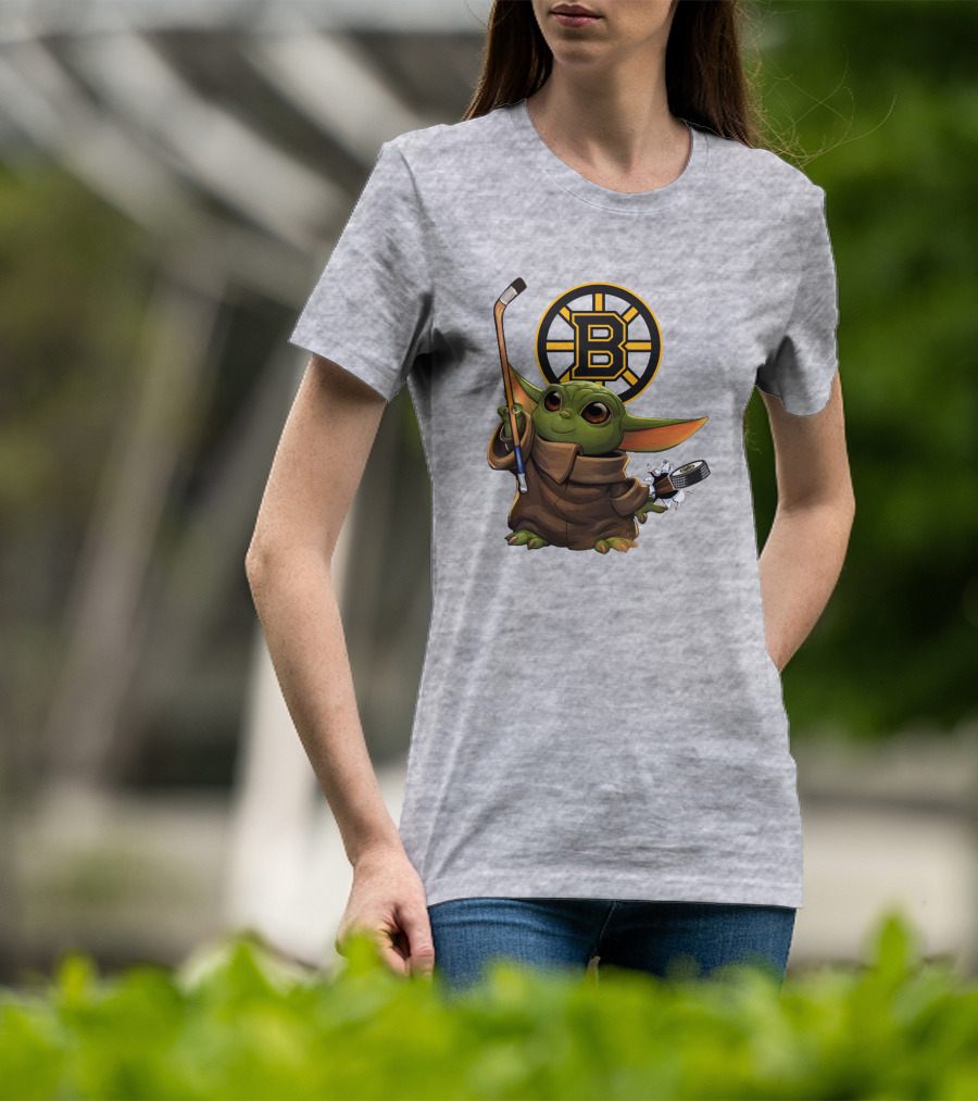 Boston Bruins Baby Yoda Hockey Stick Puck Character T-Shirt
