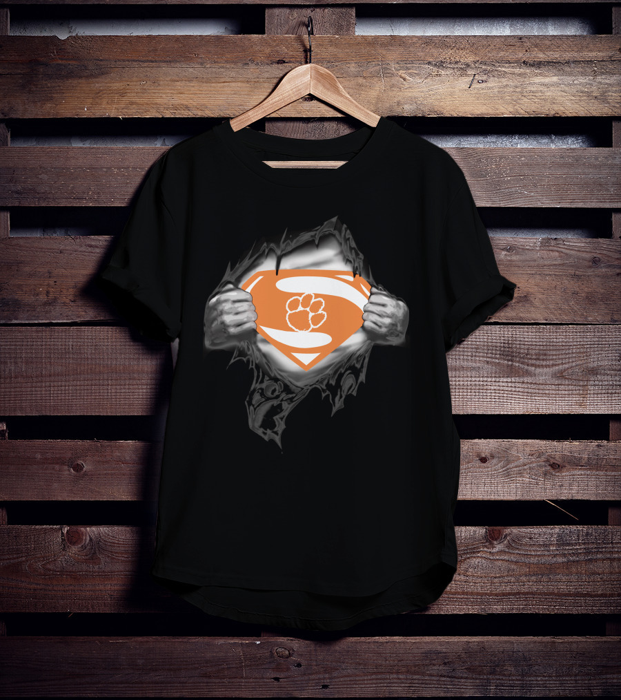 Clemson Super Man Orange Shield With Paw T-Shirt