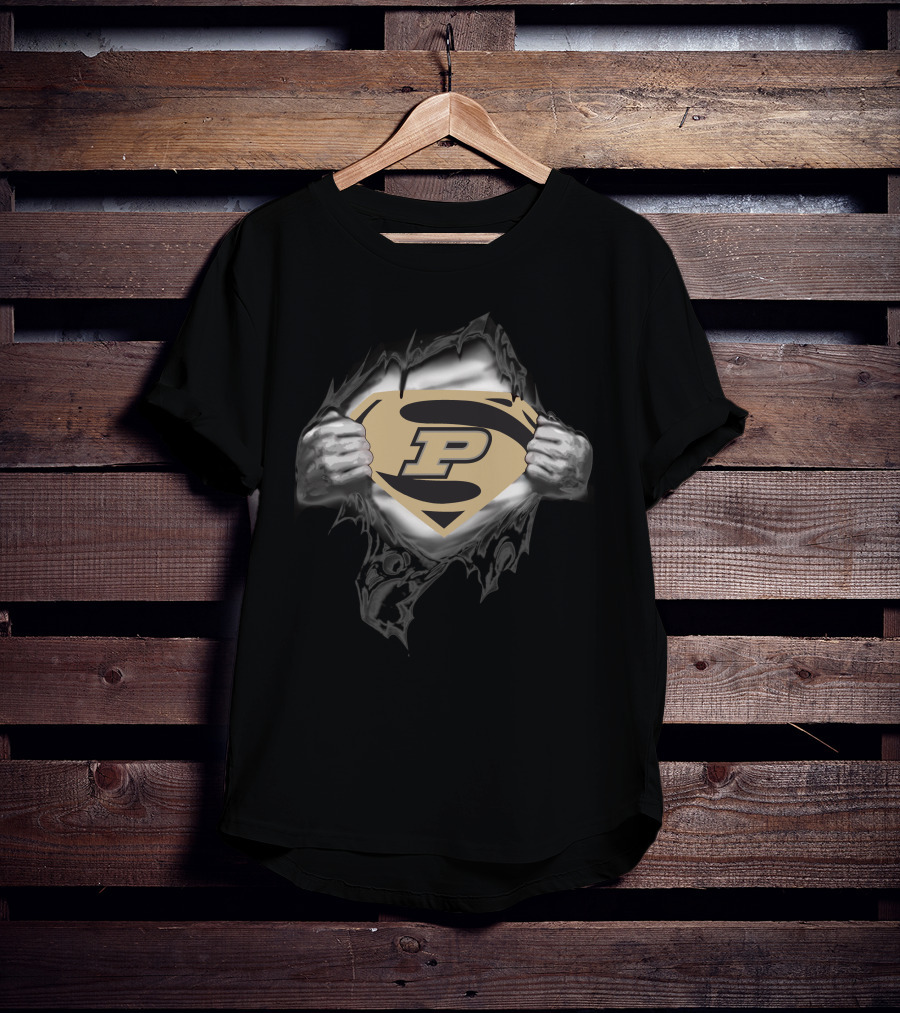 Purdue University P Logo Superhero Chest Emblem Ripped Open T-Shirt