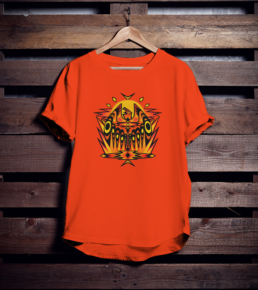 Howl Out Golden Eagle Rises Tribal Pattern On Bold Orange Background T-Shirt