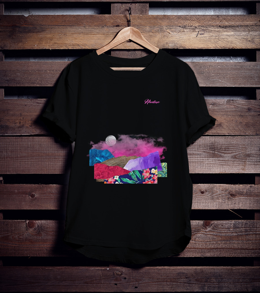 Nadine Lott Vibrant Floral Pattern With Pink And Blue Textures And White Moon T-Shirt