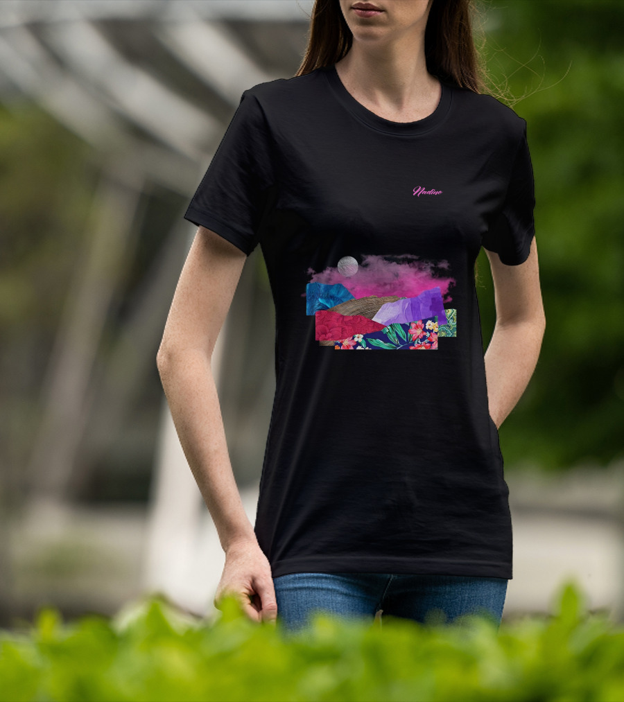 Nadine Lott Vibrant Floral Pattern With Pink And Blue Textures And White Moon T-Shirt