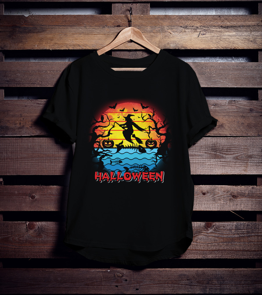 Halloween Witch And Fish Bone Sunset Scene T-Shirt
